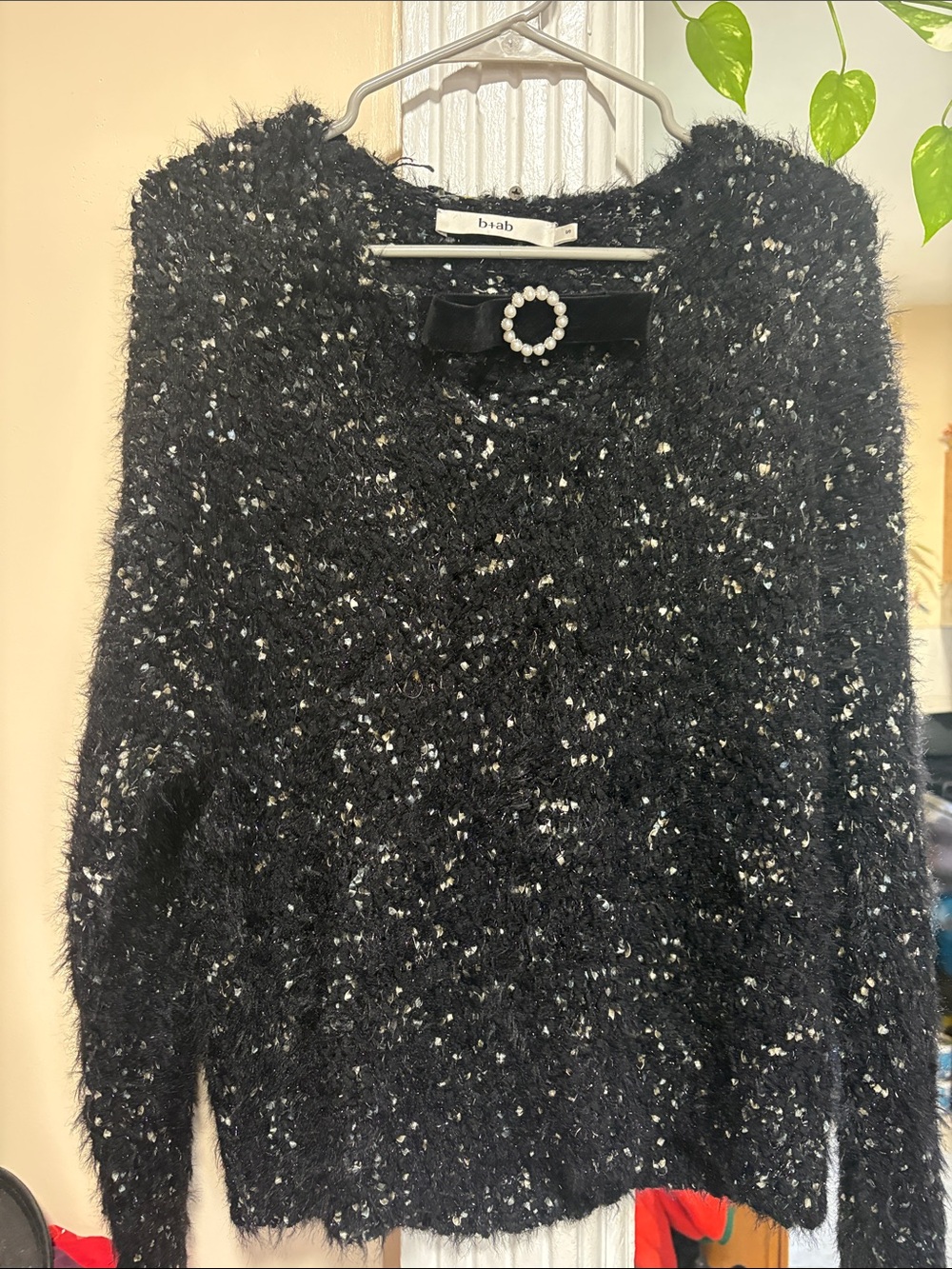 & Other Stories Black and White Speckled Fuzzy Crewneck Sweater